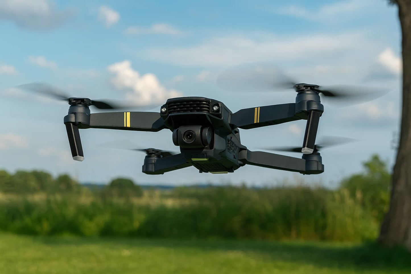 Drone pliable 4K NovaDrone en plein vol dans un ciel bleu avec hélices en mouvement