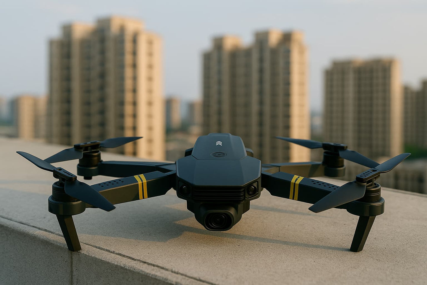 Drone 4K NovaDrone posé sur un toit avec vue sur des immeubles